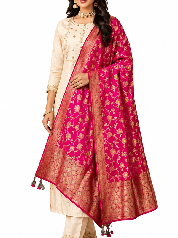 Desi Butik Rani Pink Banarasi Silk Dupatta with Floral Jaal DB2256