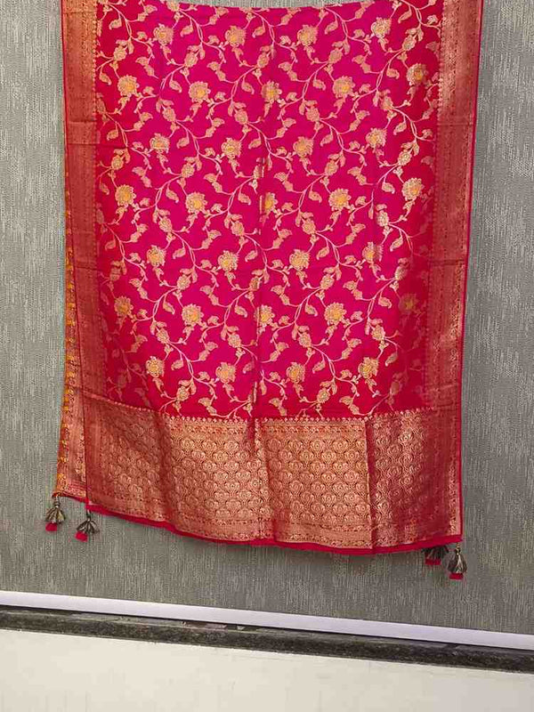 Desi Butik Rani Pink Banarasi Silk Dupatta with Floral Jaal DB2256