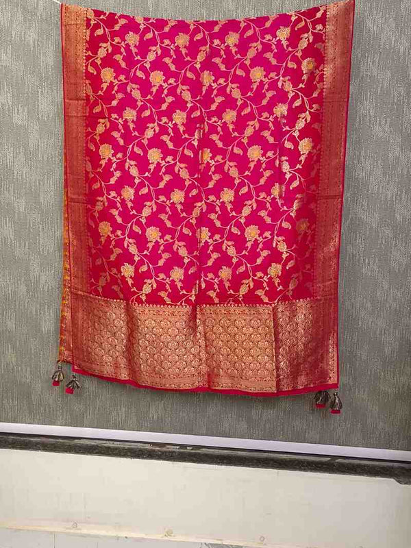 Desi Butik Rani Pink Banarasi Silk Dupatta with Floral Jaal DB2256