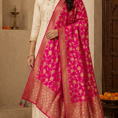 Desi Butik Rani Pink Banarasi Silk Dupatta with Floral Jaal DB2256