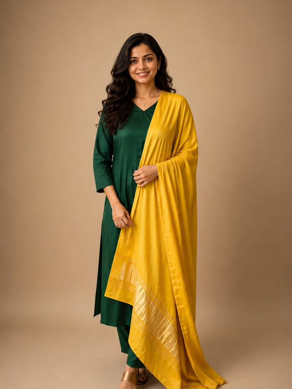 Desi Butik Women’s Yellow Gaji Silk Solid Dupatta DB2257