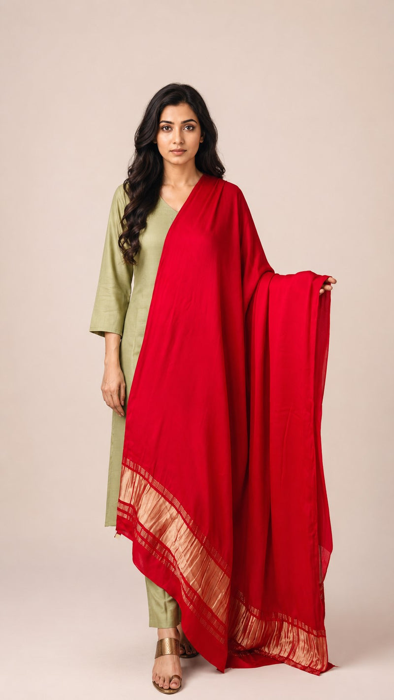 Desi Butik Women’s Red Gaji Silk Solid Dupatta DB2258