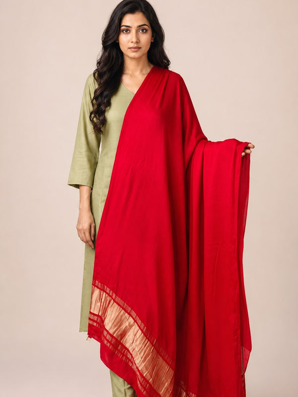 Desi Butik Women’s Red Gaji Silk Solid Dupatta DB2258