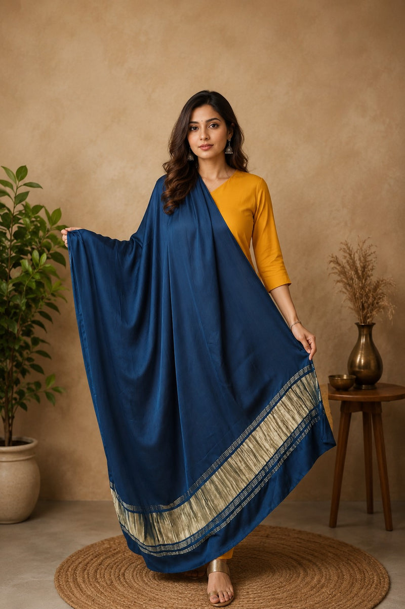 Desi Butik Women’s Navy Blue Gaji Silk Solid Dupatta DB2261