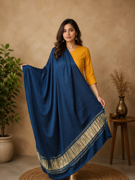 Desi Butik Women’s Navy Blue Gaji Silk Solid Dupatta DB2261