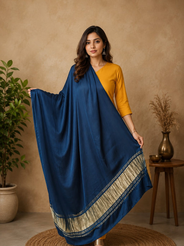 Desi Butik Women’s Navy Blue Gaji Silk Solid Dupatta DB2261
