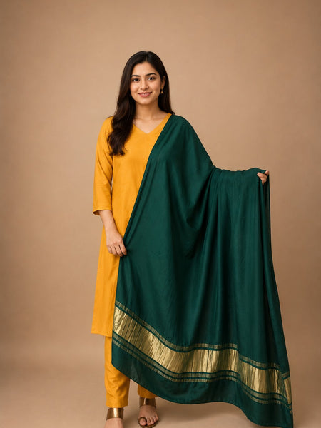 Desi Butik Women’s Bottle Green Gaji Silk Solid Dupatta DB2262