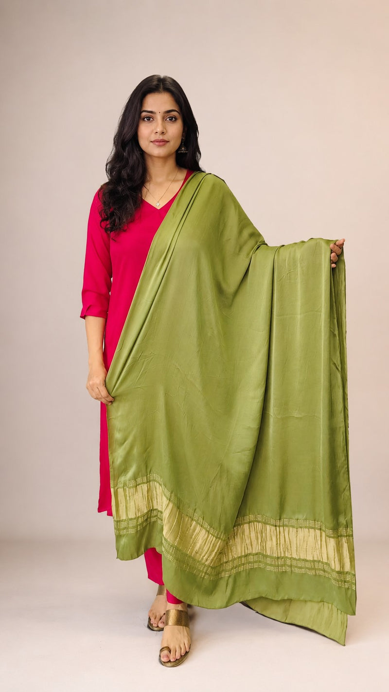 Desi Butik Women’s Olive Green Gaji Silk Solid Dupatta DB2263