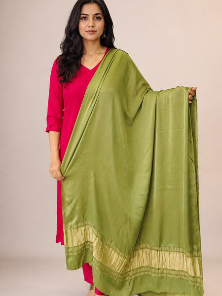 Desi Butik Women’s Olive Green Gaji Silk Solid Dupatta DB2263