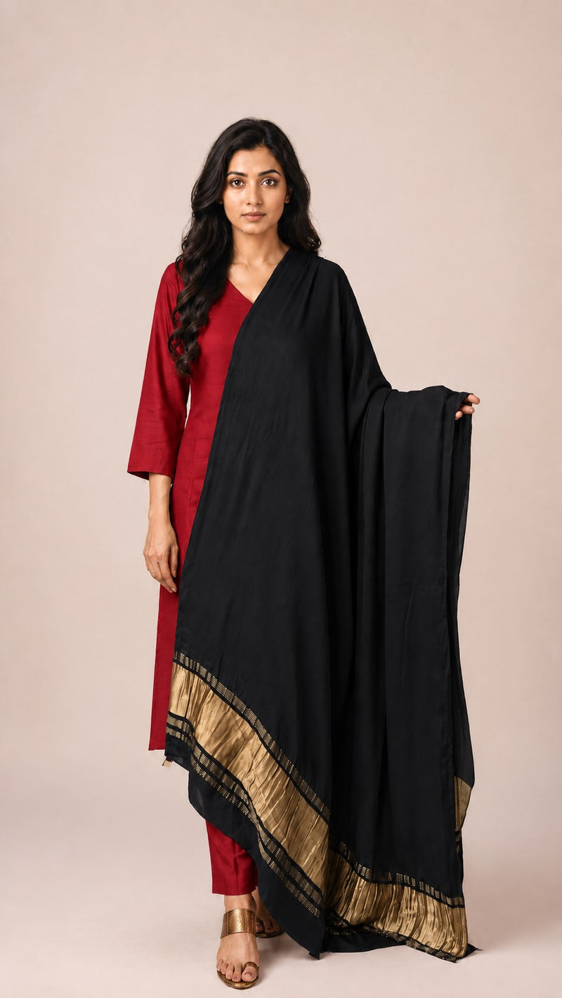 Desi Butik Women’s Black Gaji Silk Solid Dupatta DB2264