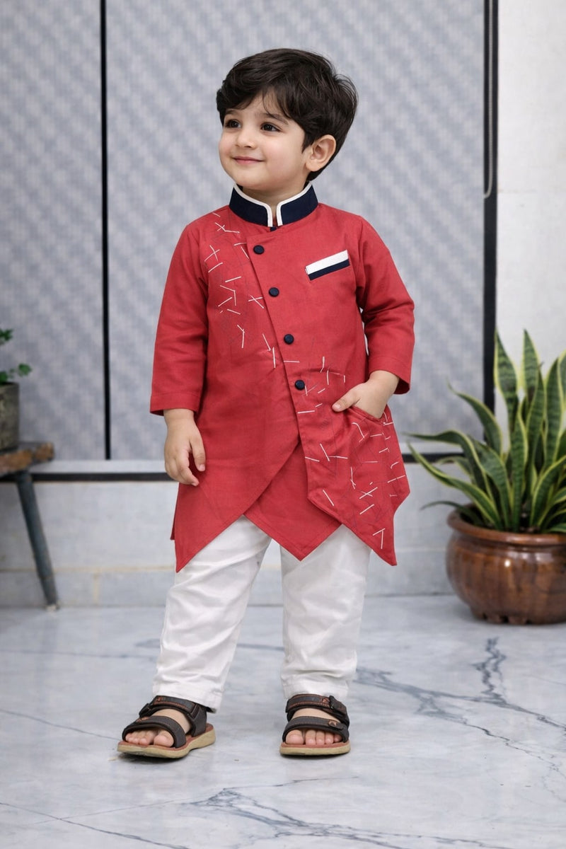 Boys  Printed Asymmetric Kurta Set with White Trouser