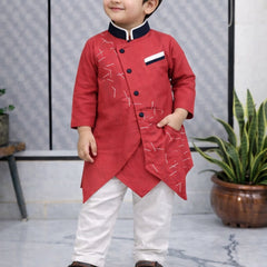 Boys  Printed Asymmetric Kurta Set with White Trouser