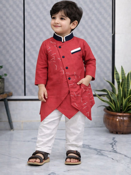 Boys  Printed Asymmetric Kurta Set with White Trouser