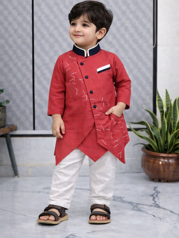 Boys  Printed Asymmetric Kurta Set with White Trouser