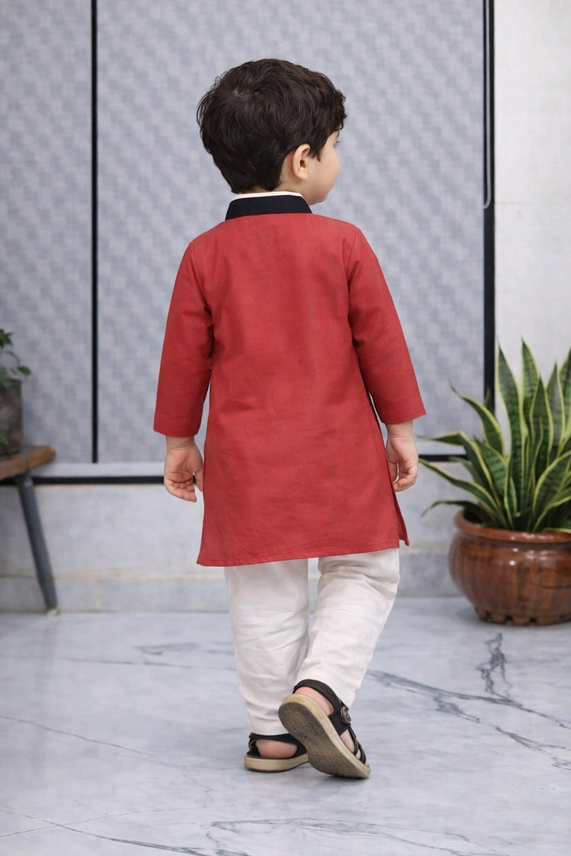 Boys  Printed Asymmetric Kurta Set with White Trouser