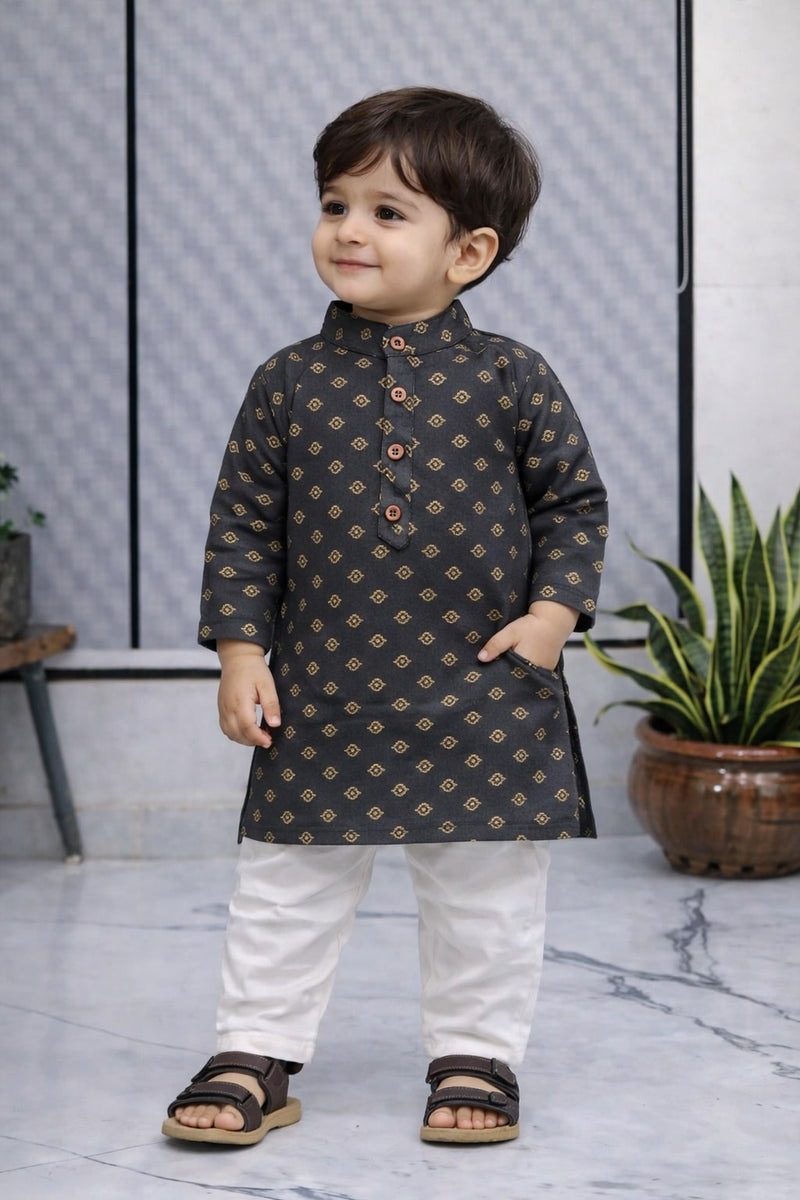 Boys Printed Pure Cotton Ethnic Kurta Set with Trousers