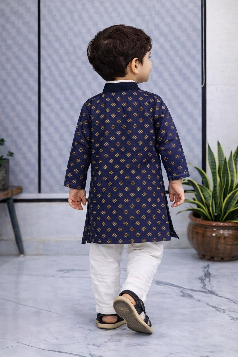 Boys Printed Pure Cotton Ethnic Kurta Set with Trousers