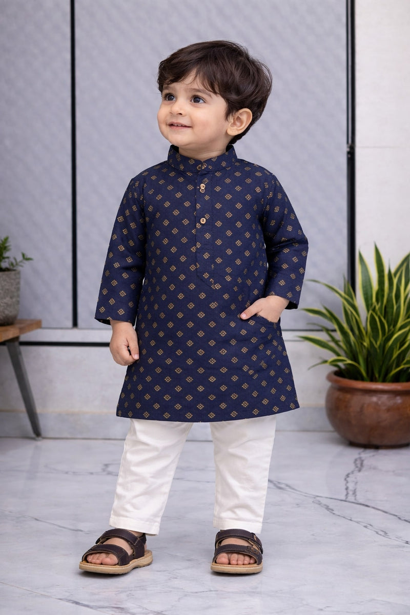 Boys Printed Pure Cotton Ethnic Kurta Set with Trousers