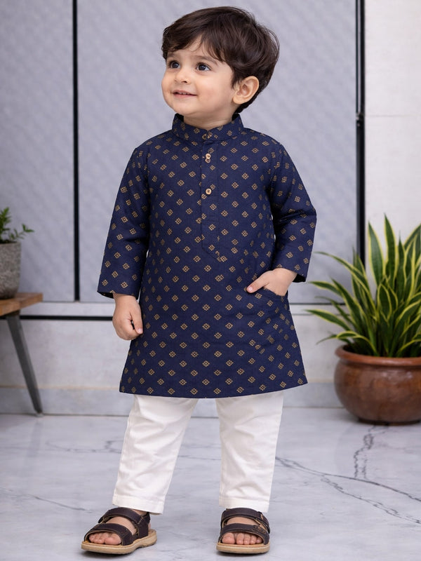 Boys Printed Pure Cotton Ethnic Kurta Set with Trousers