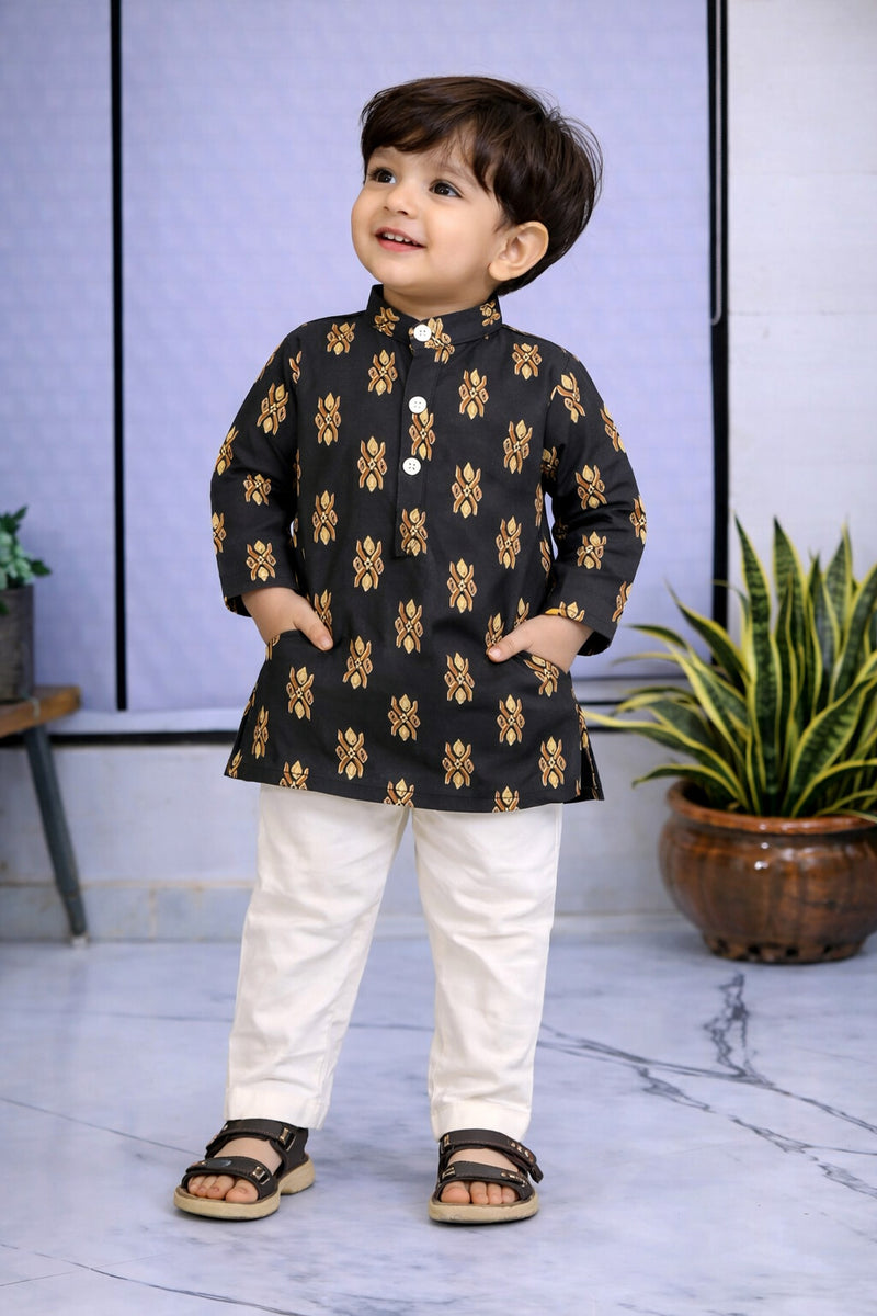 Boys Printed Pure Cotton Ethnic Kurta Set with Trousers