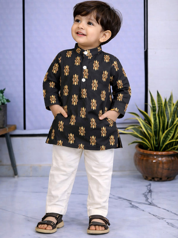 Boys Printed Pure Cotton Ethnic Kurta Set with Trousers