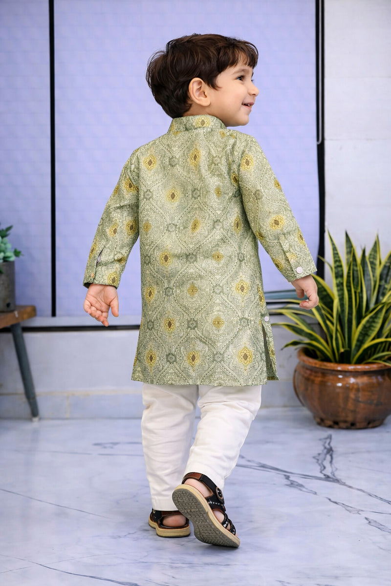 Boys Green Embroidered Pure Cotton Ethnic Kurta Set with Trousers