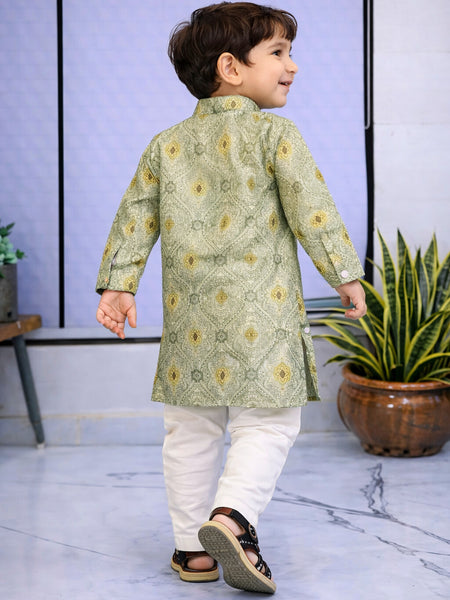 Boys Green Embroidered Pure Cotton Ethnic Kurta Set with Trousers