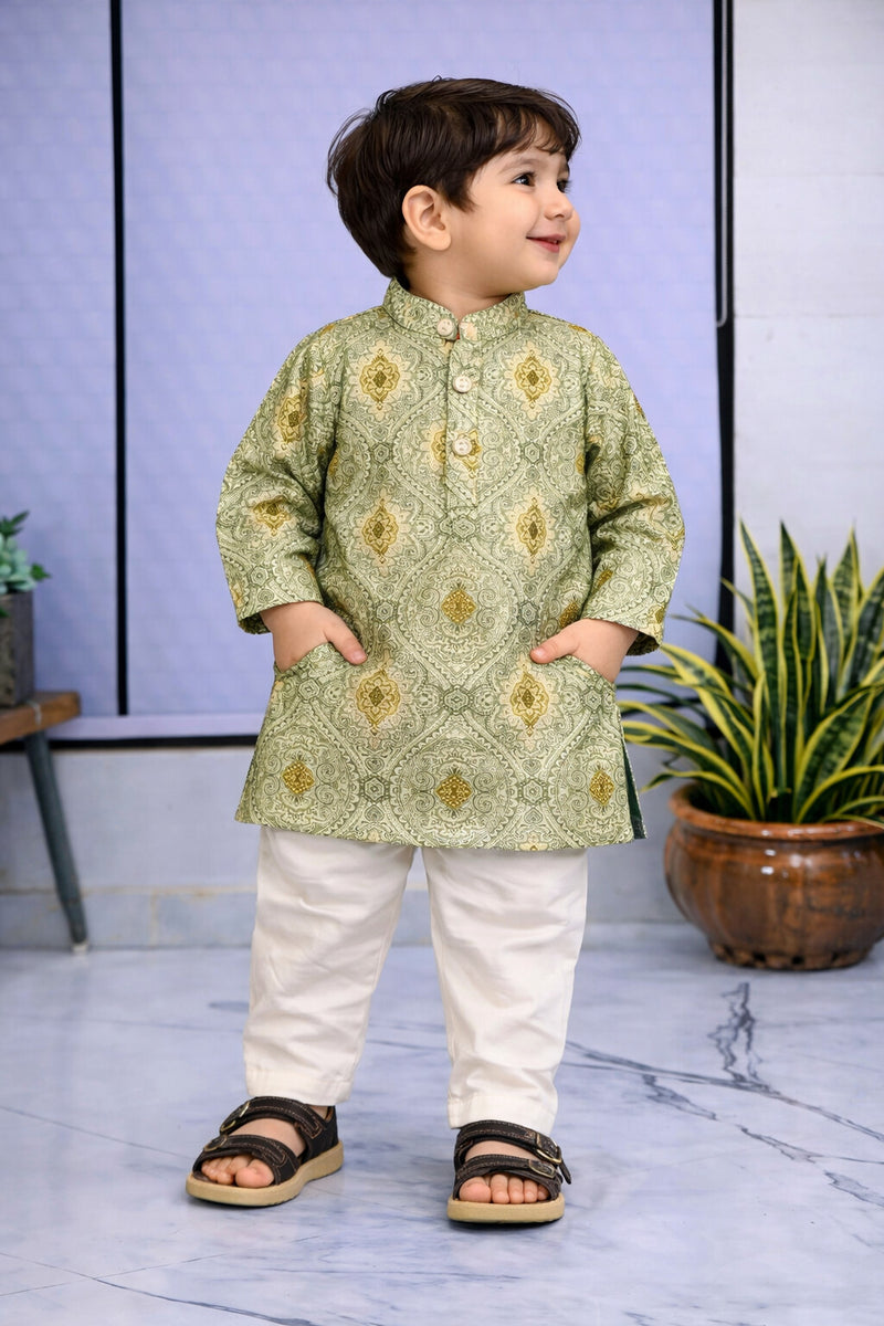 Boys Green Embroidered Pure Cotton Ethnic Kurta Set with Trousers