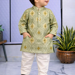 Boys Green Embroidered Pure Cotton Ethnic Kurta Set with Trousers