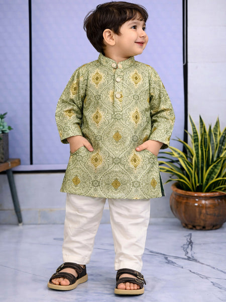 Boys Green Embroidered Pure Cotton Ethnic Kurta Set with Trousers