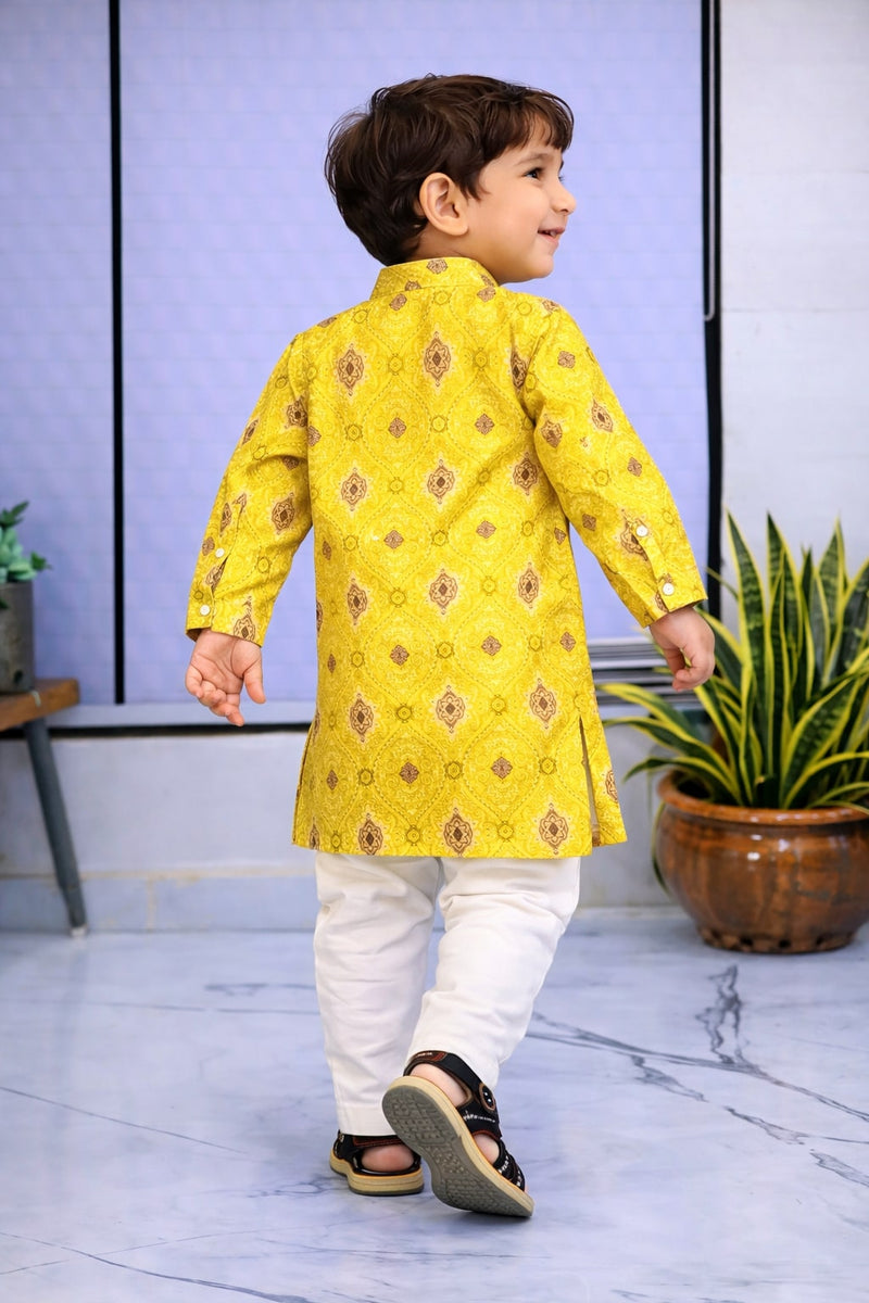 Boys Yellow Embroidered Pure Cotton Ethnic Kurta Set with Trousers