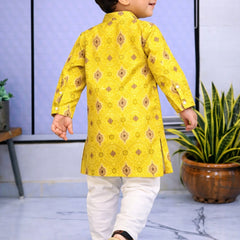 Boys Yellow Embroidered Pure Cotton Ethnic Kurta Set with Trousers