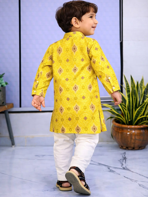 Boys Yellow Embroidered Pure Cotton Ethnic Kurta Set with Trousers