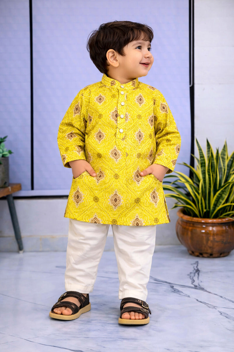 Boys Yellow Embroidered Pure Cotton Ethnic Kurta Set with Trousers