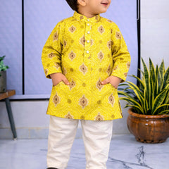 Boys Yellow Embroidered Pure Cotton Ethnic Kurta Set with Trousers