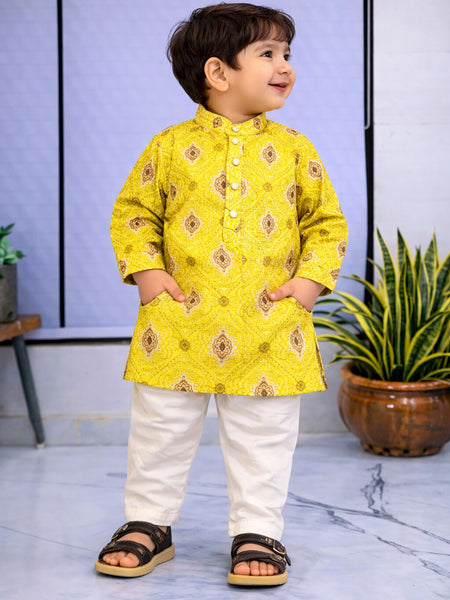Boys Yellow Embroidered Pure Cotton Ethnic Kurta Set with Trousers