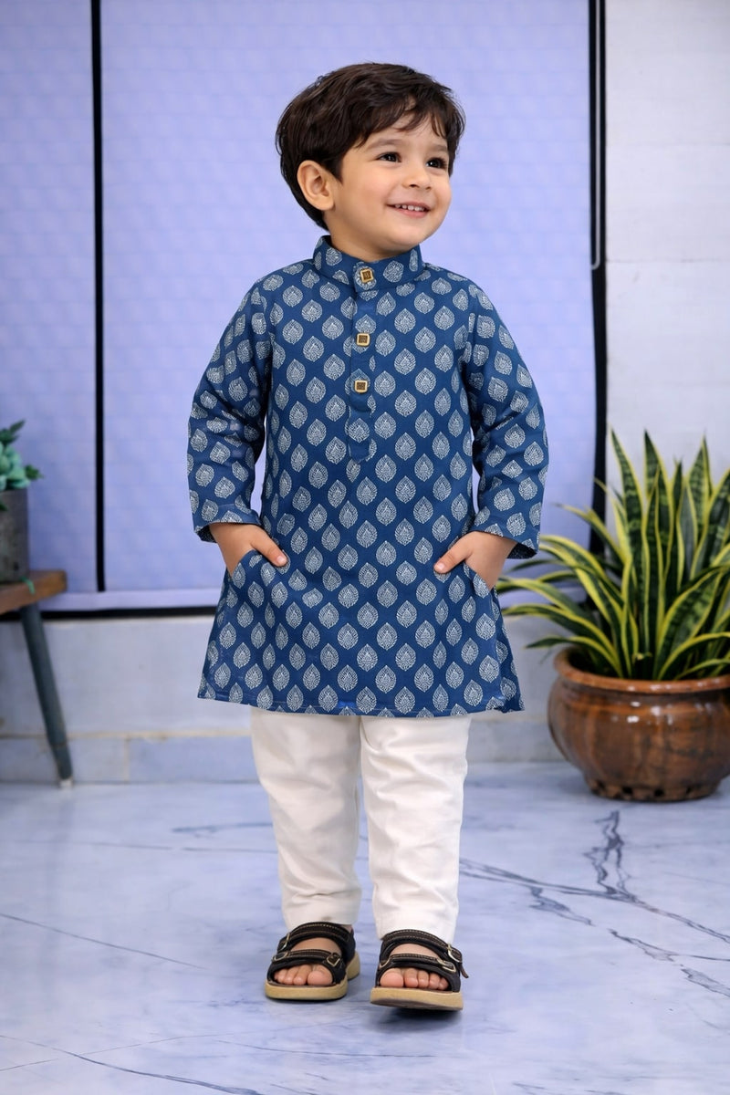 Boys Blue Printed Pure Cotton Ethnic Kurta Set with Trousers