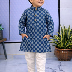 Boys Blue Printed Pure Cotton Ethnic Kurta Set with Trousers