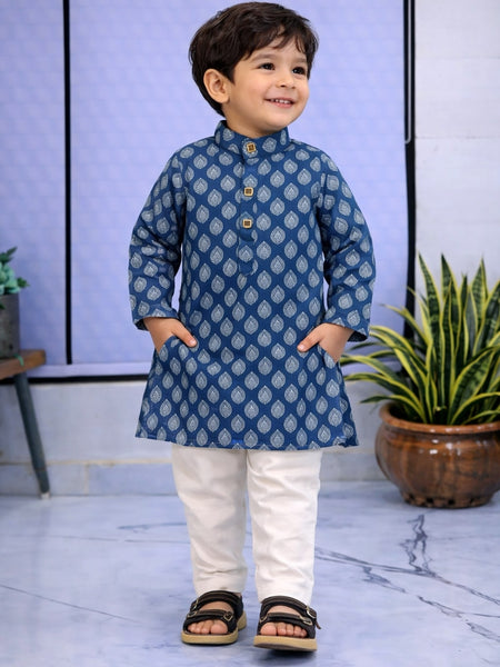 Boys Blue Printed Pure Cotton Ethnic Kurta Set with Trousers