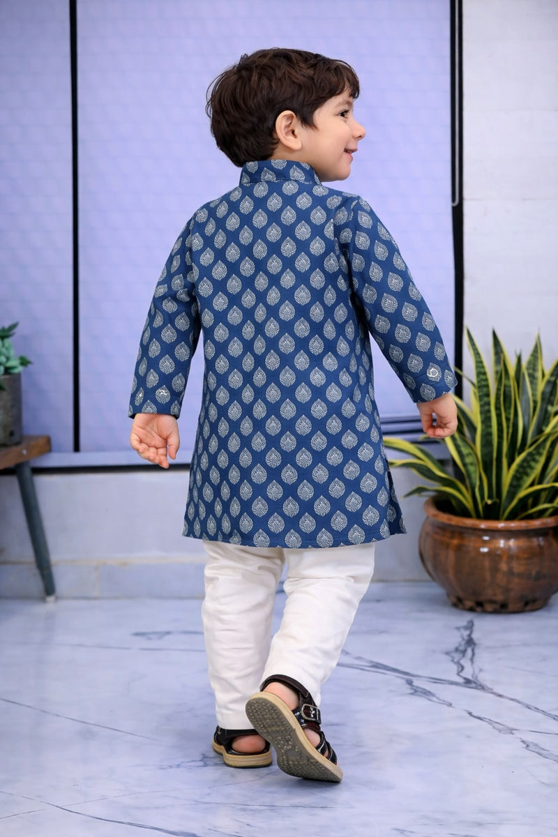 Boys Blue Printed Pure Cotton Ethnic Kurta Set with Trousers