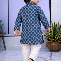 Boys Blue Printed Pure Cotton Ethnic Kurta Set with Trousers