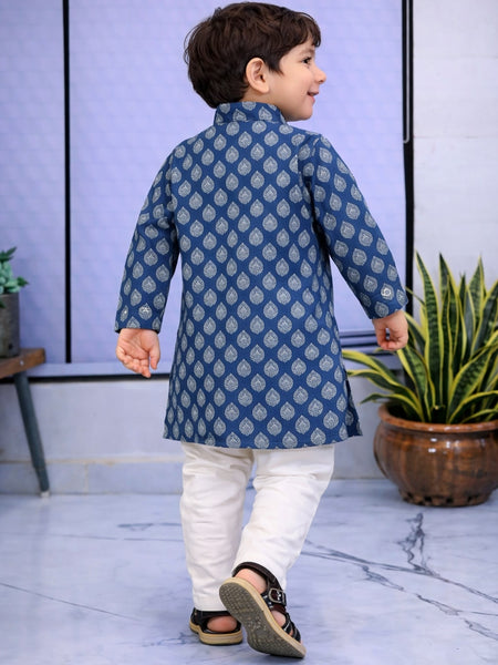Boys Blue Printed Pure Cotton Ethnic Kurta Set with Trousers
