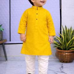 Boys Yellow Solid Pure Cotton Ethnic Kurta Set with Trousers