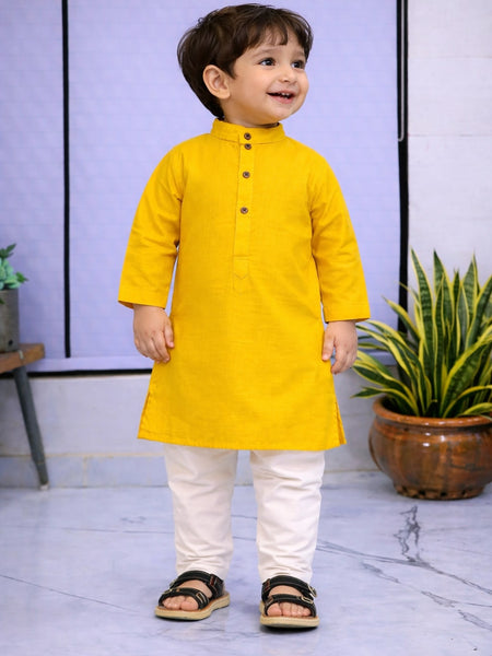 Boys Yellow Solid Pure Cotton Ethnic Kurta Set with Trousers