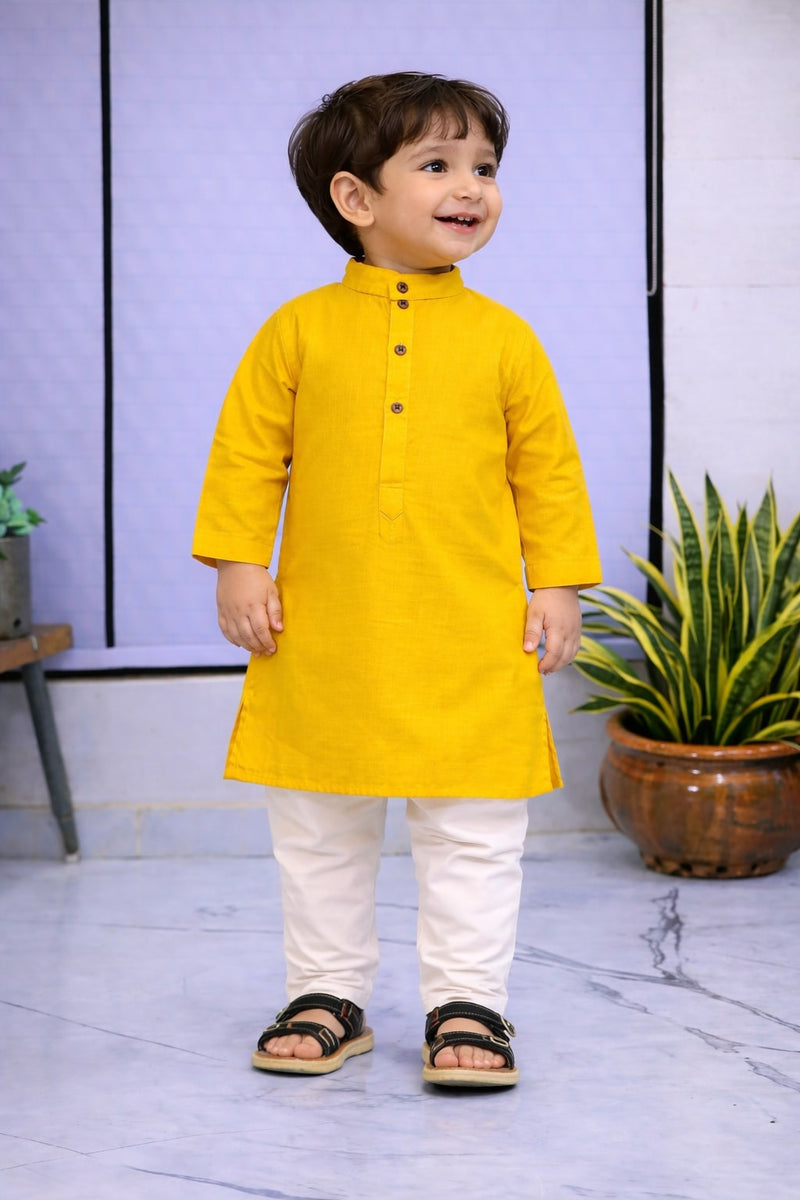 Boys Yellow Solid Pure Cotton Ethnic Kurta Set with Trousers