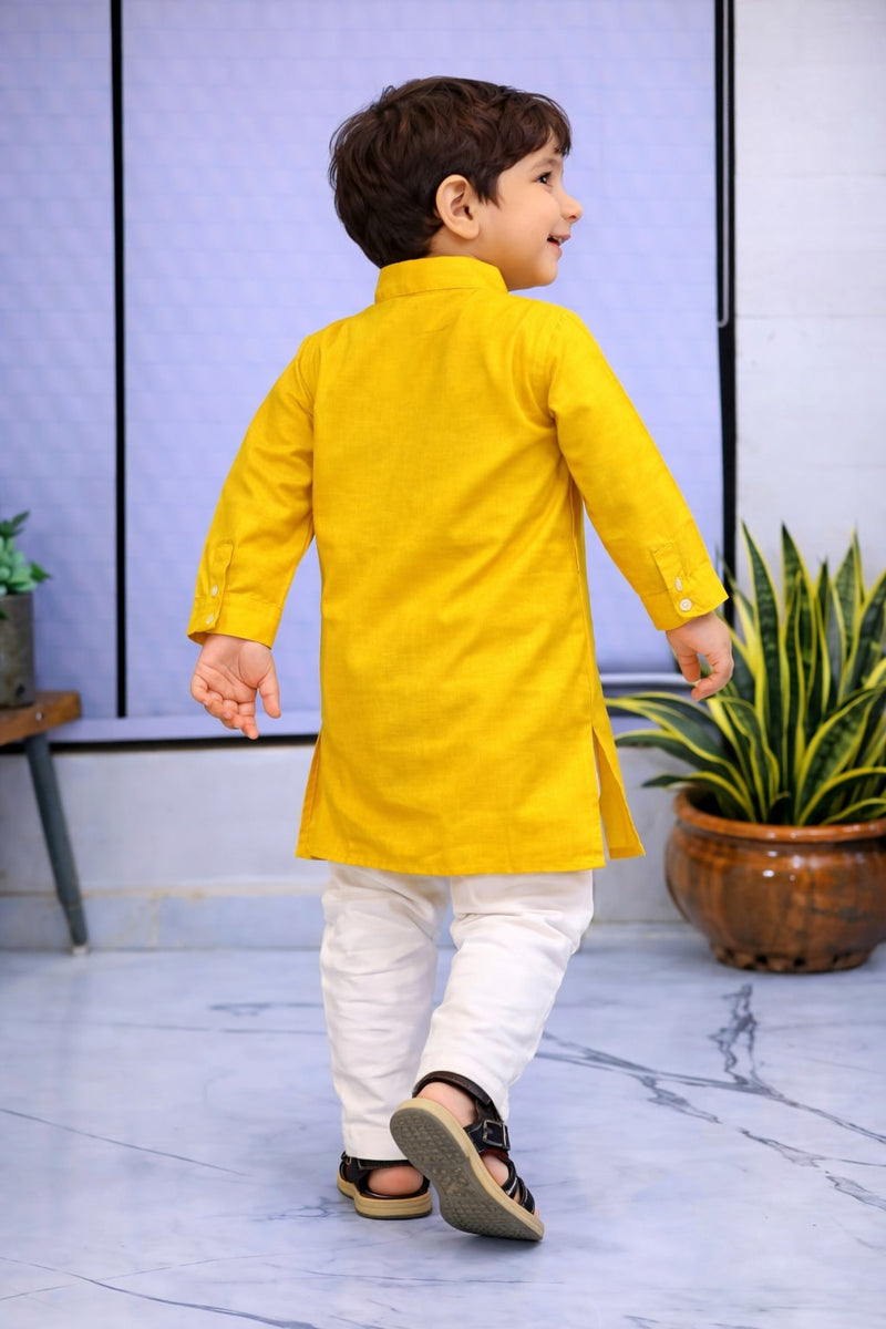 Boys Yellow Solid Pure Cotton Ethnic Kurta Set with Trousers