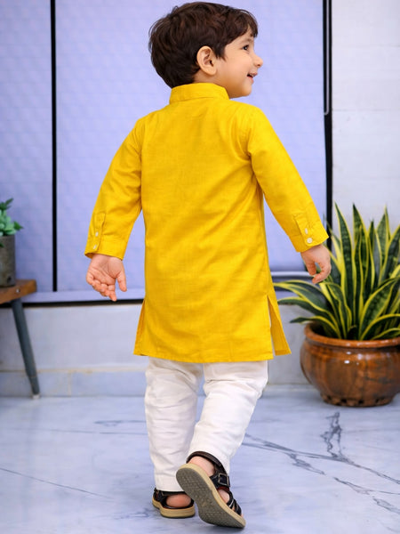 Boys Yellow Solid Pure Cotton Ethnic Kurta Set with Trousers