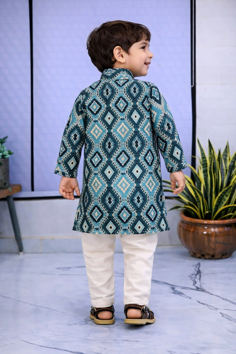 Boys Teal Solid Pure Cotton Ethnic Kurta Set with Trousers