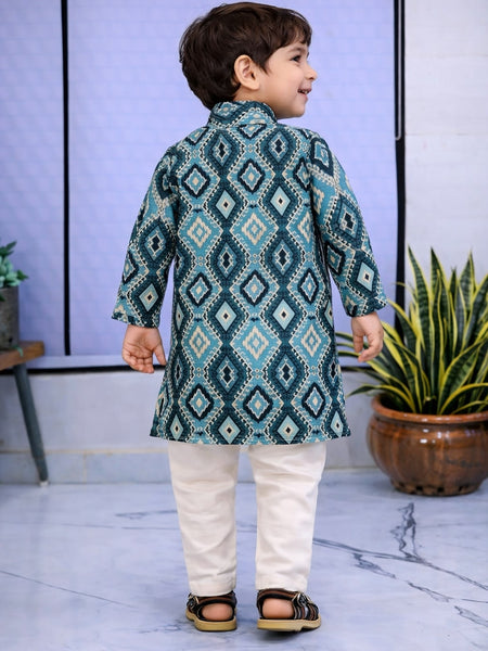 Boys Teal Solid Pure Cotton Ethnic Kurta Set with Trousers