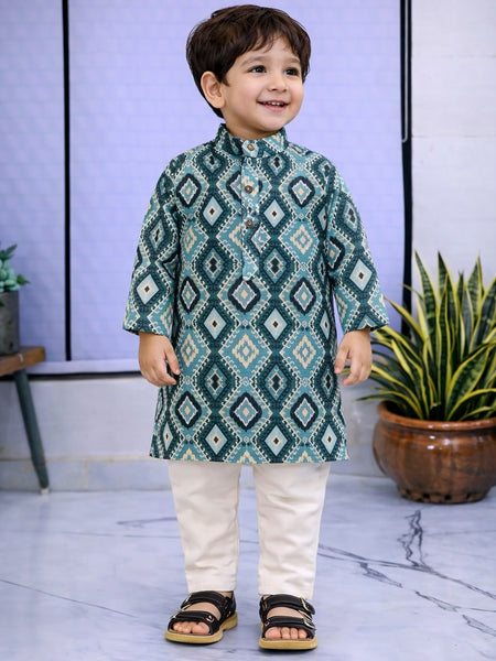 Boys Teal Solid Pure Cotton Ethnic Kurta Set with Trousers